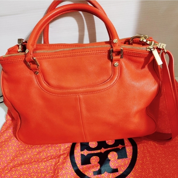 Tory Burch Amanda Orange Leather Logo Satchel Shoulder Bag –With Matching Mirror - Picture 4 of 14